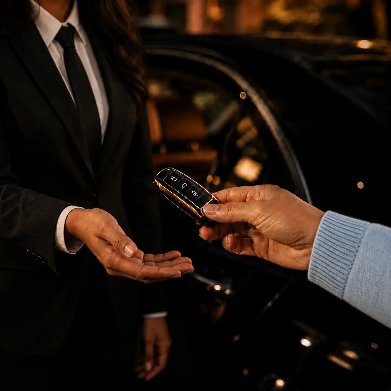 Traveler handing car keys to a private driver beside the client's car at night.
