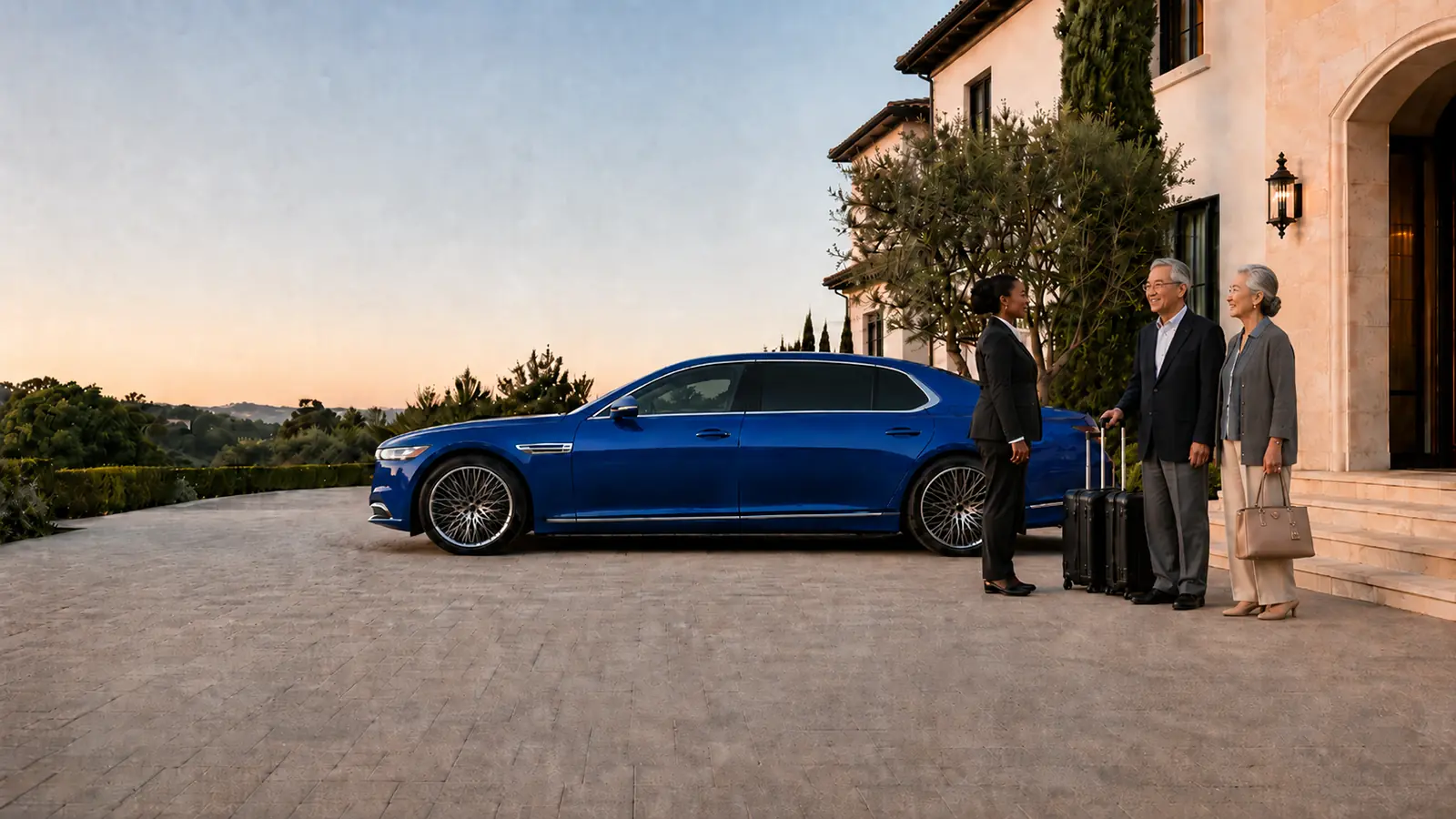 Private driver greeting travelers at their home beside their blue sedan before an airport trip.