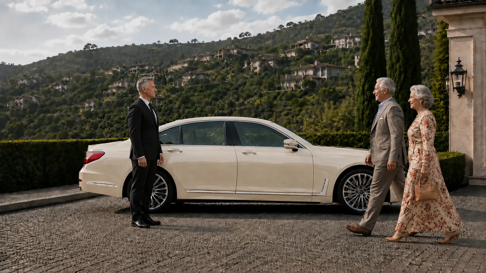 Private driver welcoming a couple beside their white sedan in the hillside homes of Anaheim Hills.