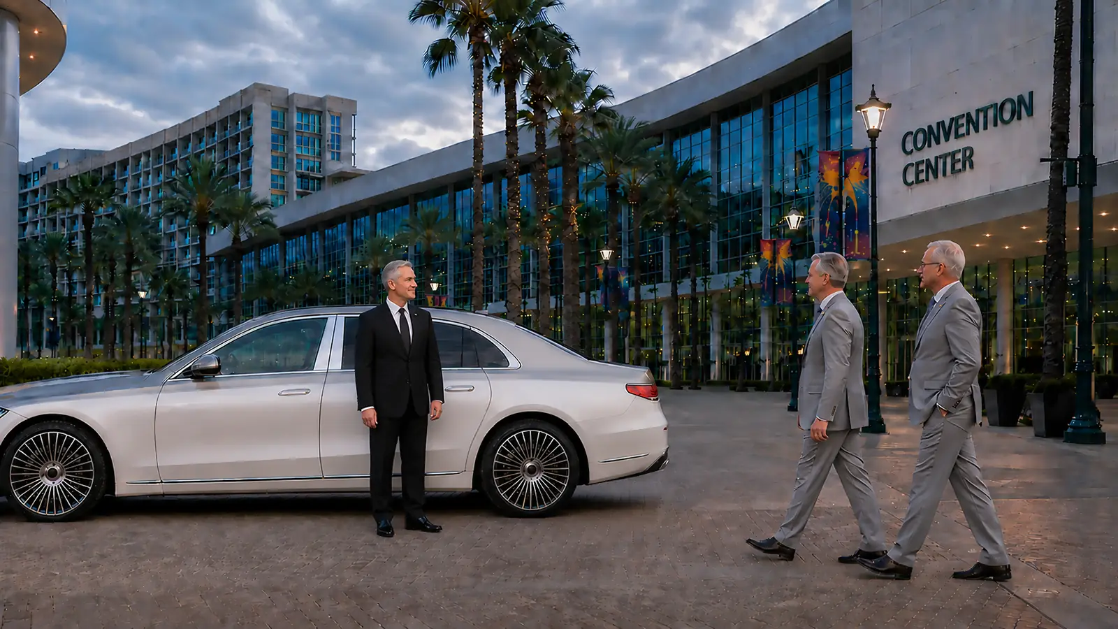 Private driver greeting two business men beside a silver sedan at the Anaheim Convention Center.