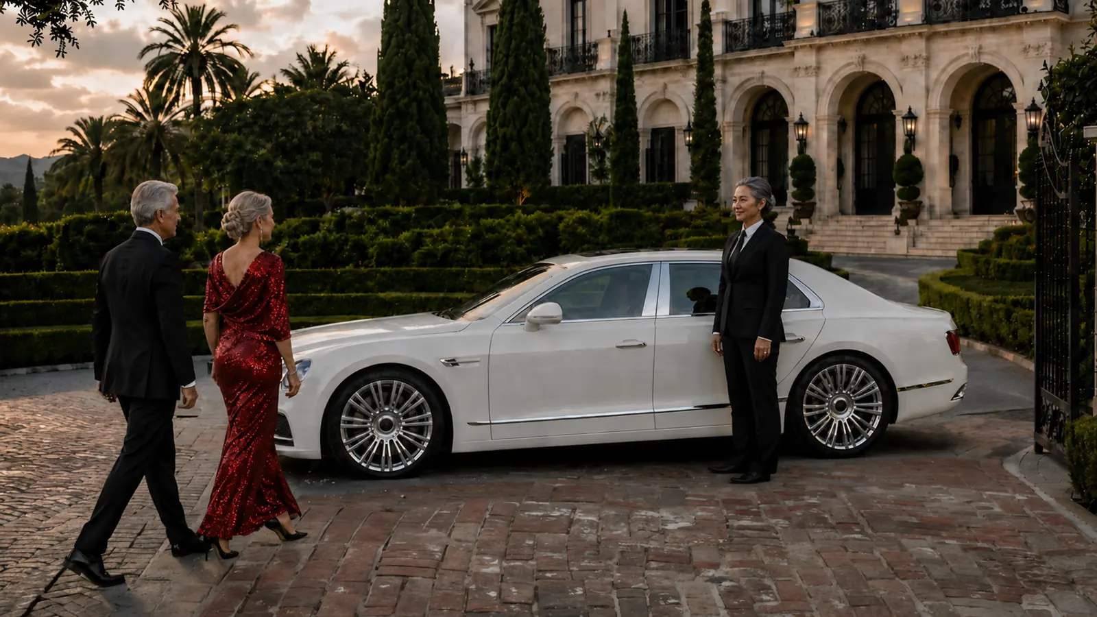Private driver welcoming formally dressed clients beside their white sedan at a Bel Air estate.