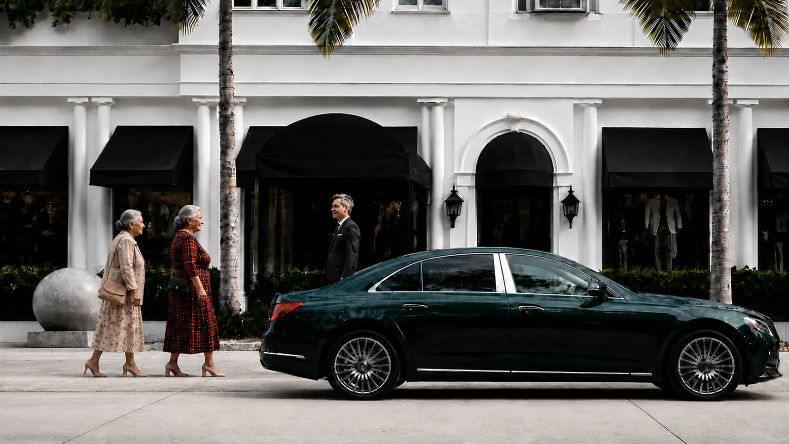 Private driver greeting two clients beside a dark green sedan outside a Beverly Hills shop.