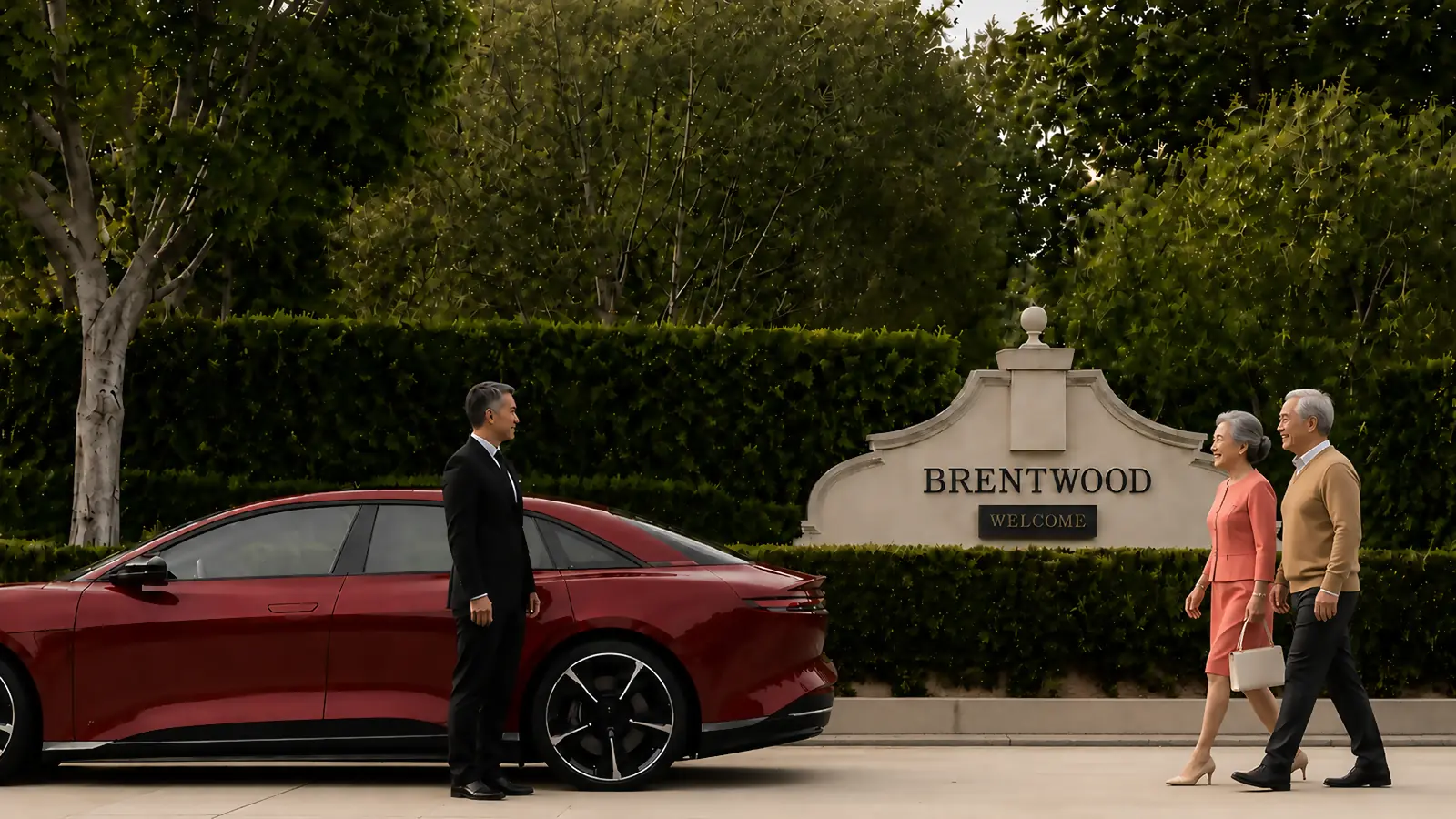 Private driver welcoming an older couple beside a red sedan at the Brentwood welcome sign.