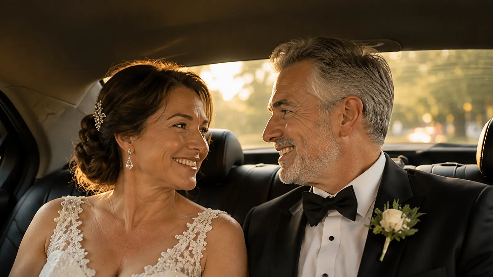 Bride and groom relaxing together in the back seat of their own car.