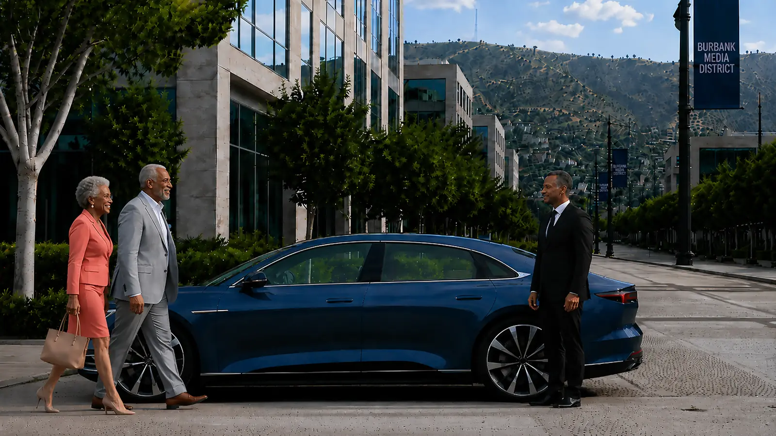 Private driver greeting an older couple beside a blue sedan in the Burbank Media District.