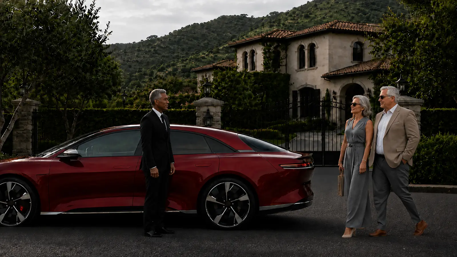 Private driver welcoming a couple beside a red sedan outside a gated Calabasas home.
