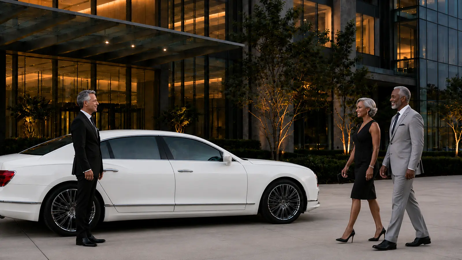 Private driver greeting two elderly clients beside a white sedan outside a Century City office building.