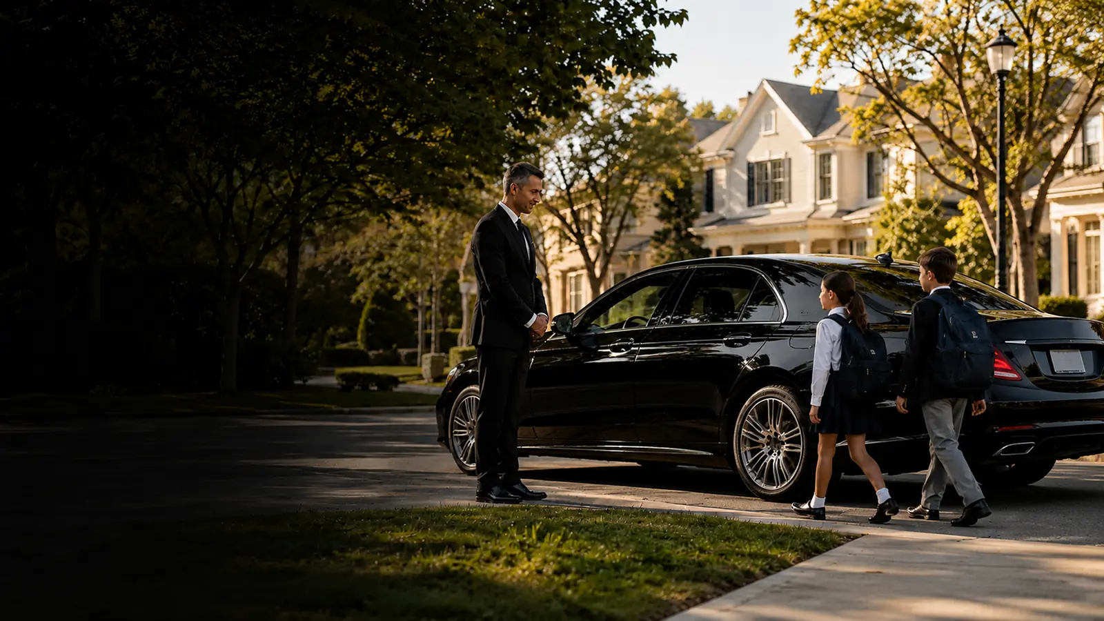 Private driver meeting two schoolchildren beside the family car for a school trip.