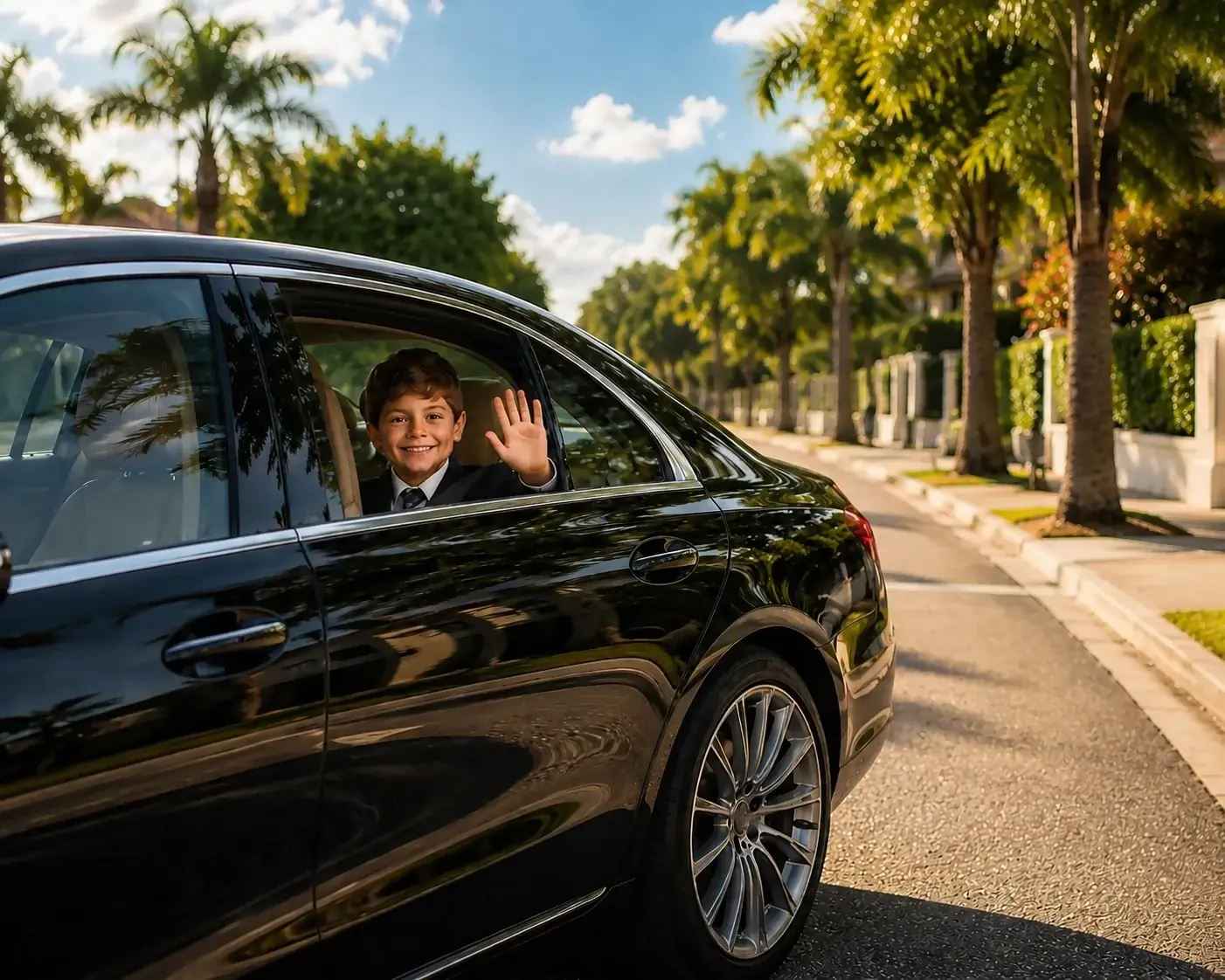 Smiling child waving from the back seat window of the family car during a private-driver school trip.
