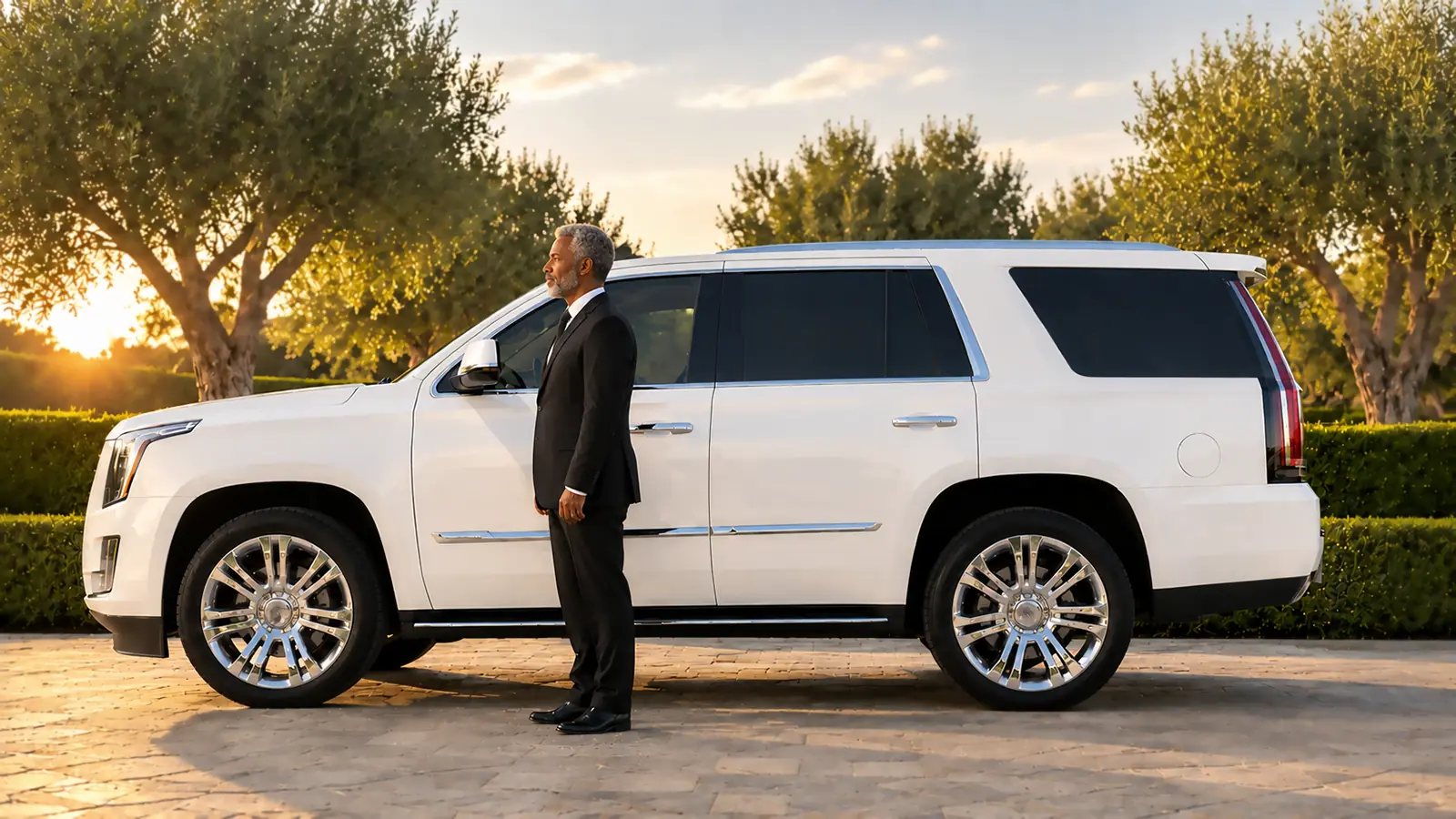 Private driver standing beside a white SUV at a residential estate.