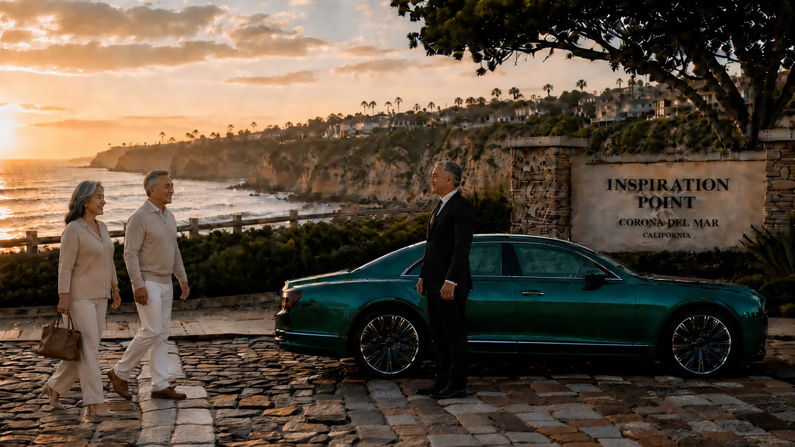 Private driver greeting an older couple beside a green sedan at Inspiration Point in Corona del Mar.