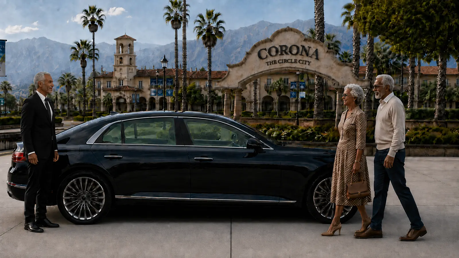 Private driver welcoming an older couple beside a sedan near Corona's historic downtown.