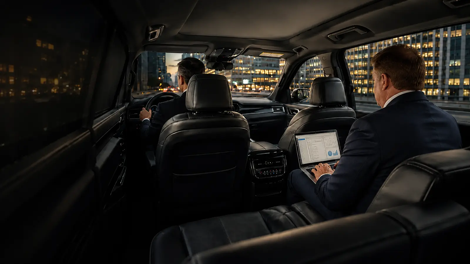 Executive working on a laptop in the back seat while a private driver handles the trip.
