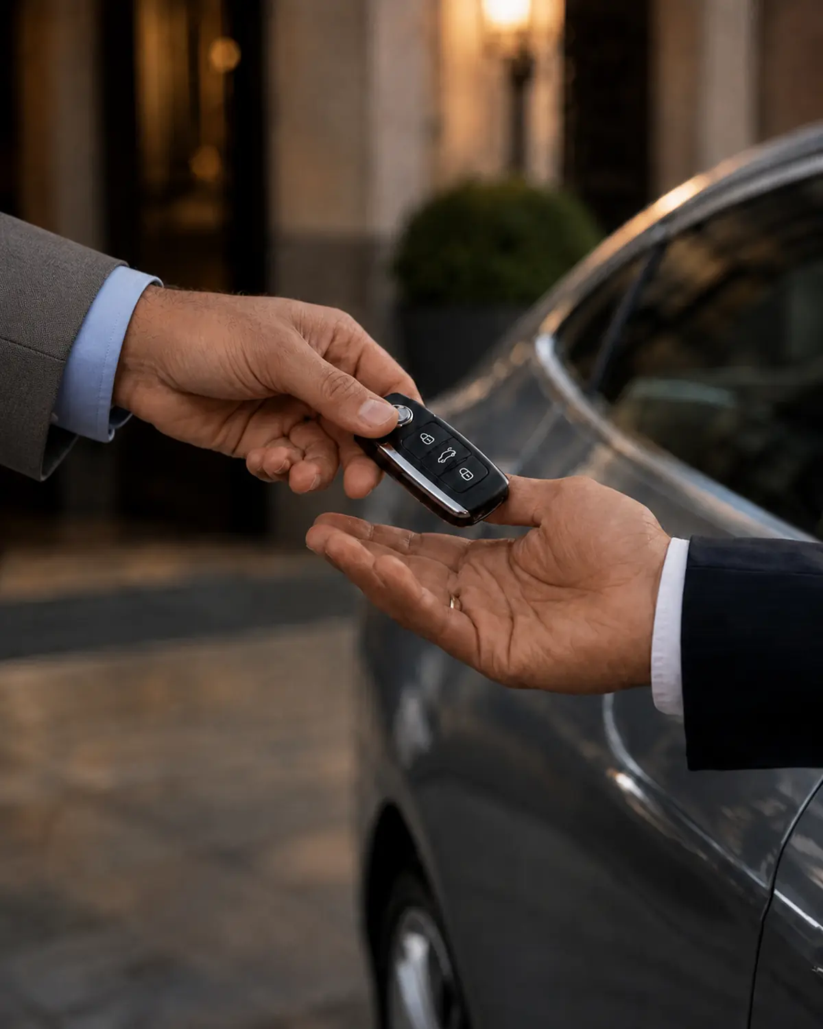 Executive handing car keys to a private driver beside the executive's sedan.