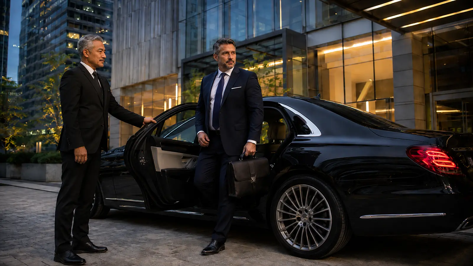 Private driver opening the rear door of a dark blue sedan for an executive arriving at a downtown office.