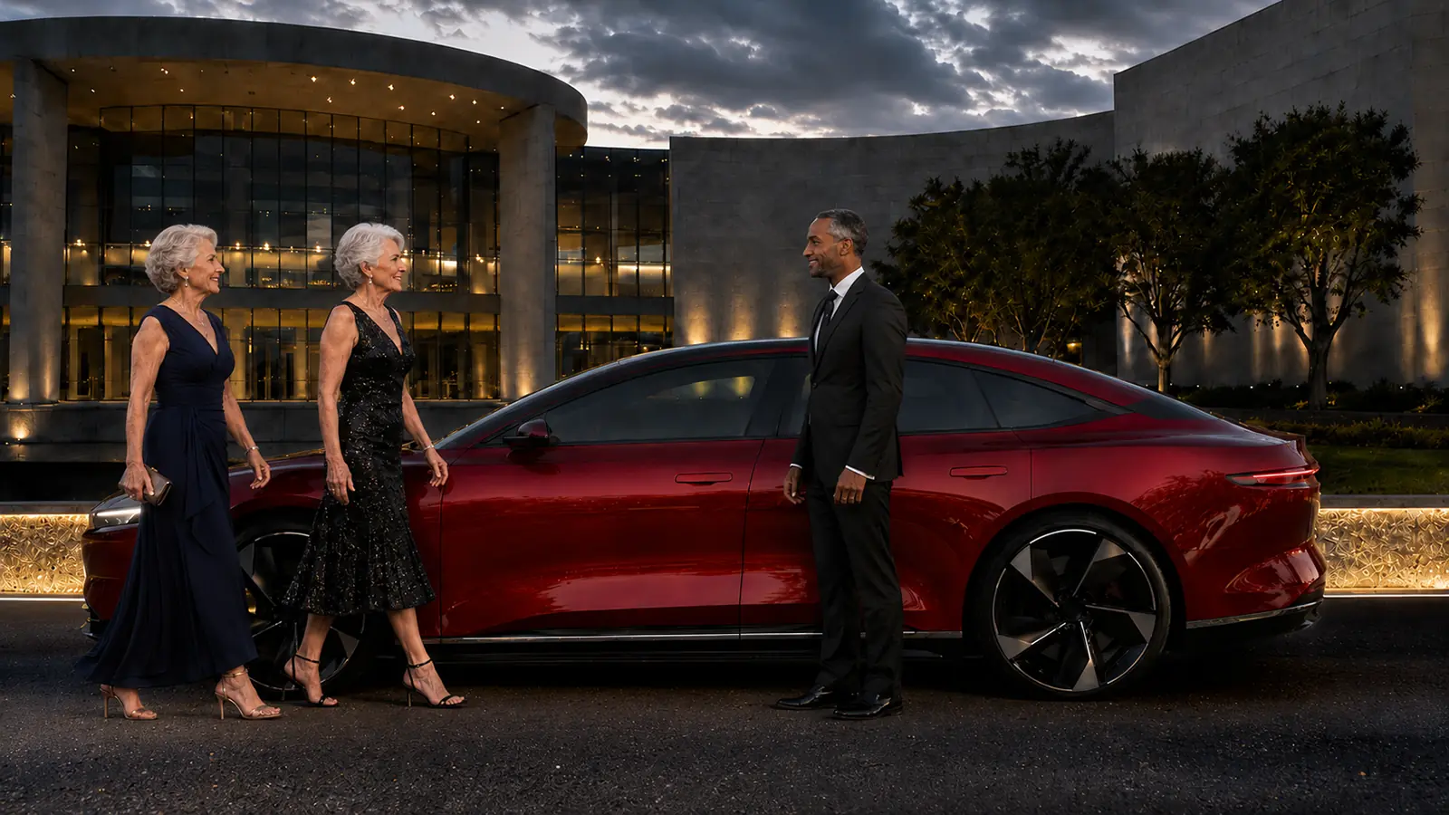Private driver greeting two evening guests beside a red sedan at a Costa Mesa arts venue.