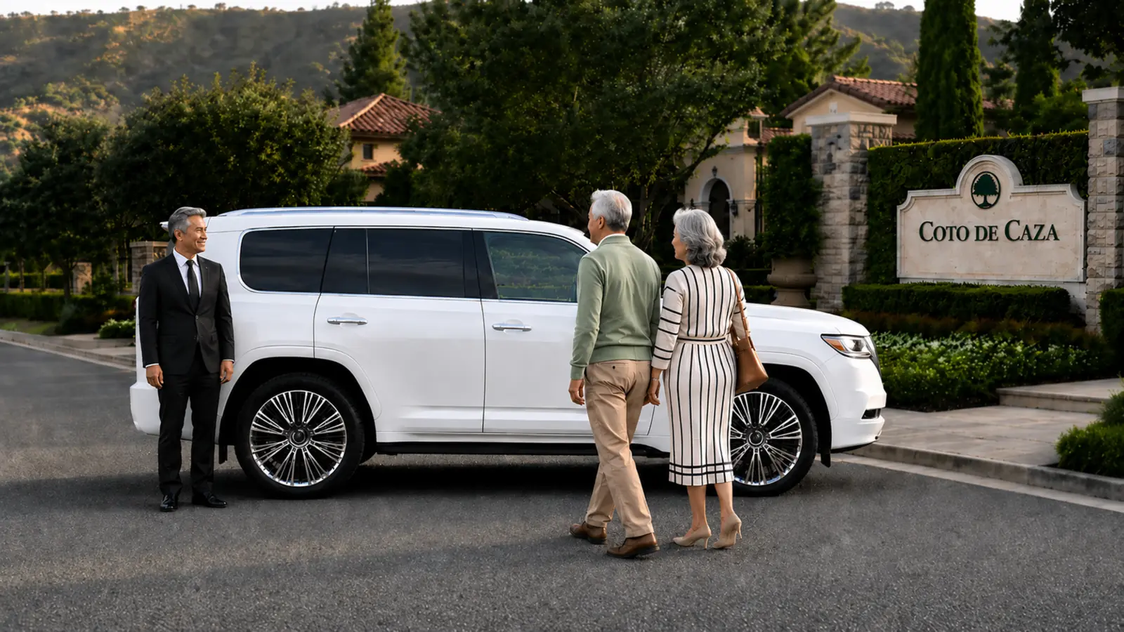 Private driver welcoming a couple beside a white SUV at the Coto de Caza entrance.