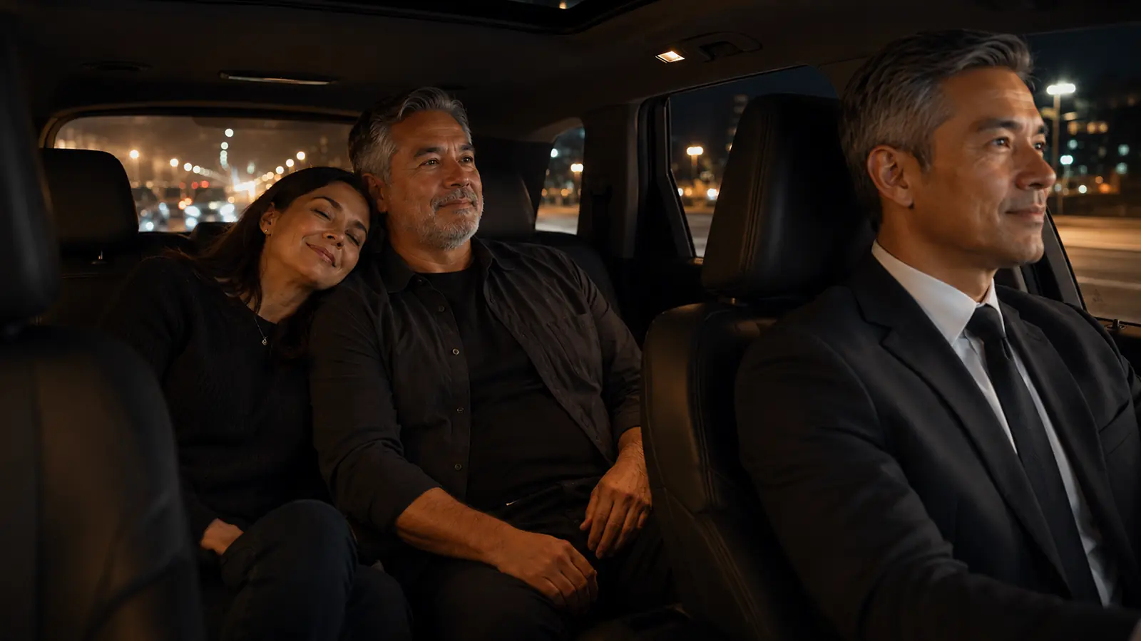 Couple relaxing in the back seat while a private driver takes them home after a concert.