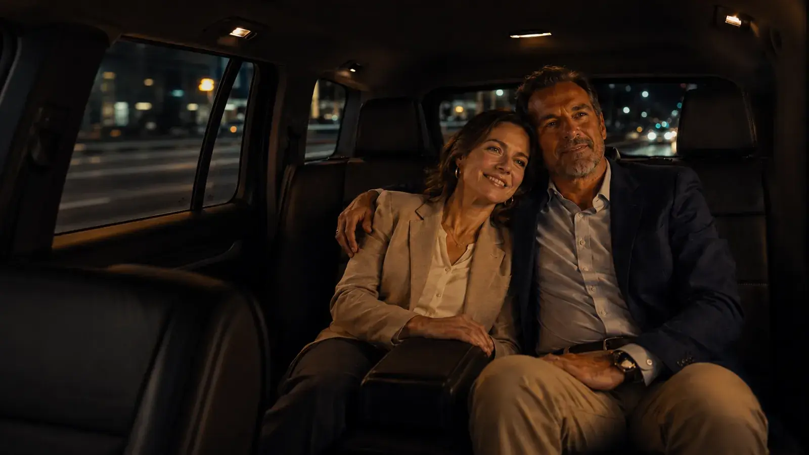 Couple relaxing in the back seat while a private driver takes them home after a game.