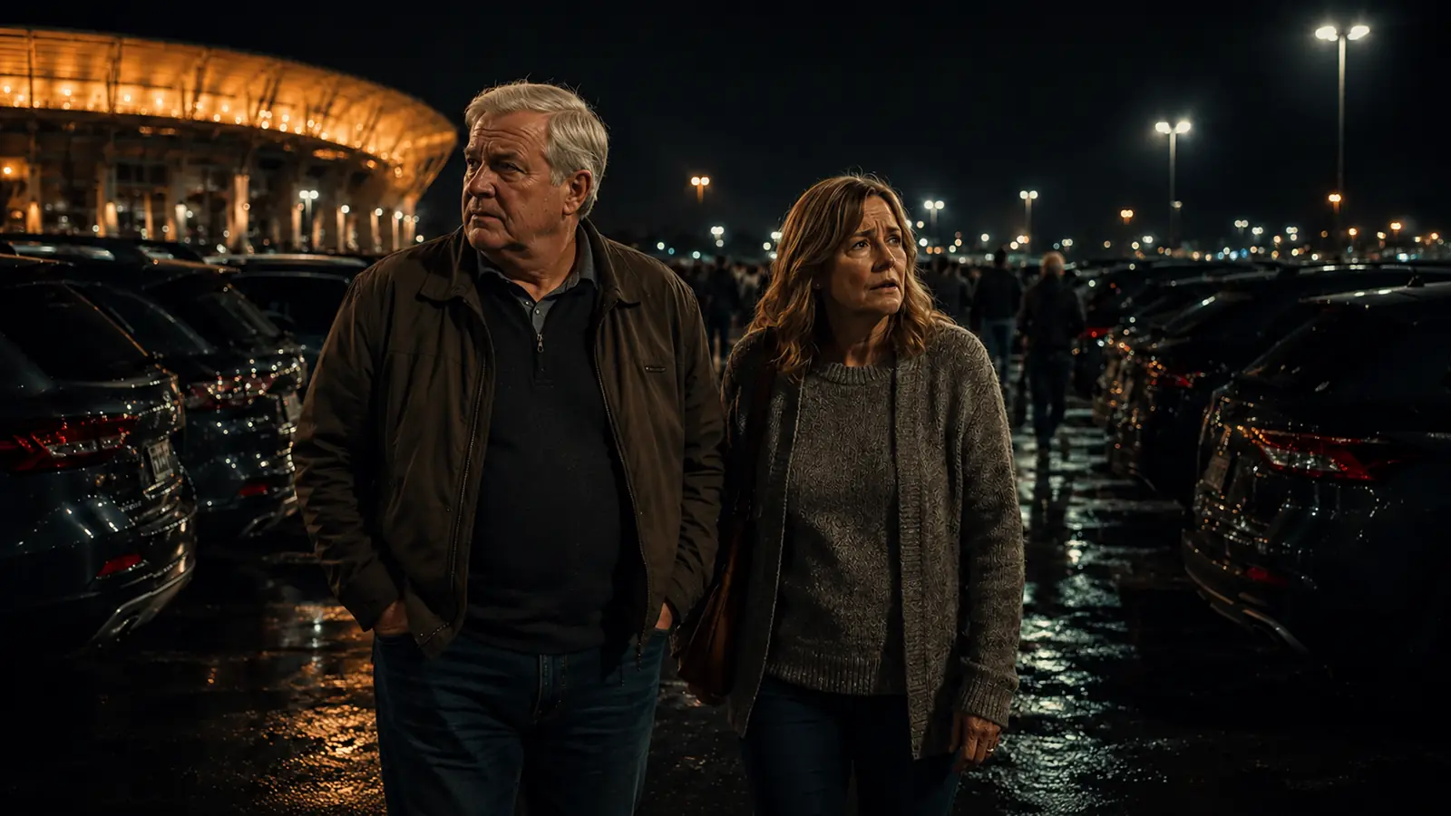 Couple searching a crowded stadium parking lot for their car after a nighttime game.