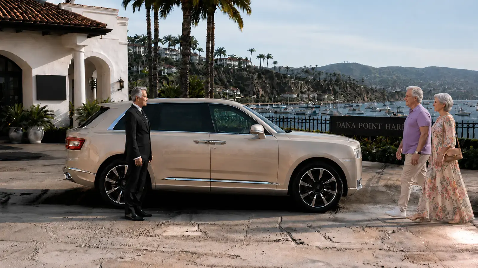 Private driver greeting an older couple beside their champagne colored SUV overlooking Dana Point Harbor.