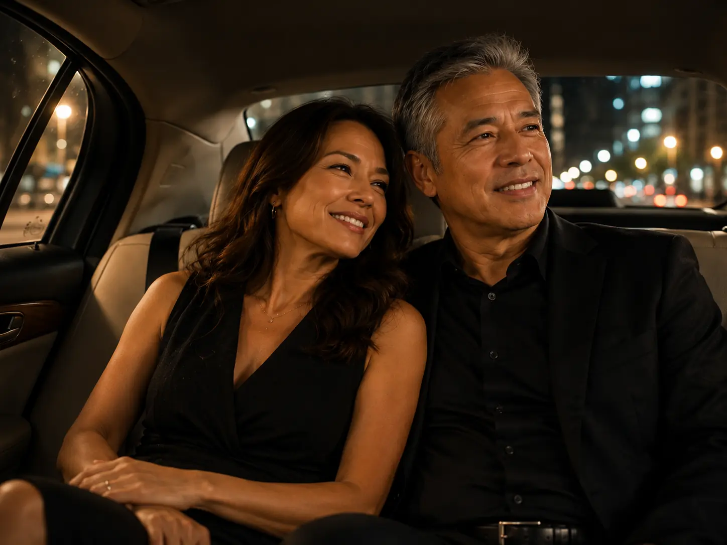 Asian couple relaxing together in the back seat while their designated driver handles the trip.
