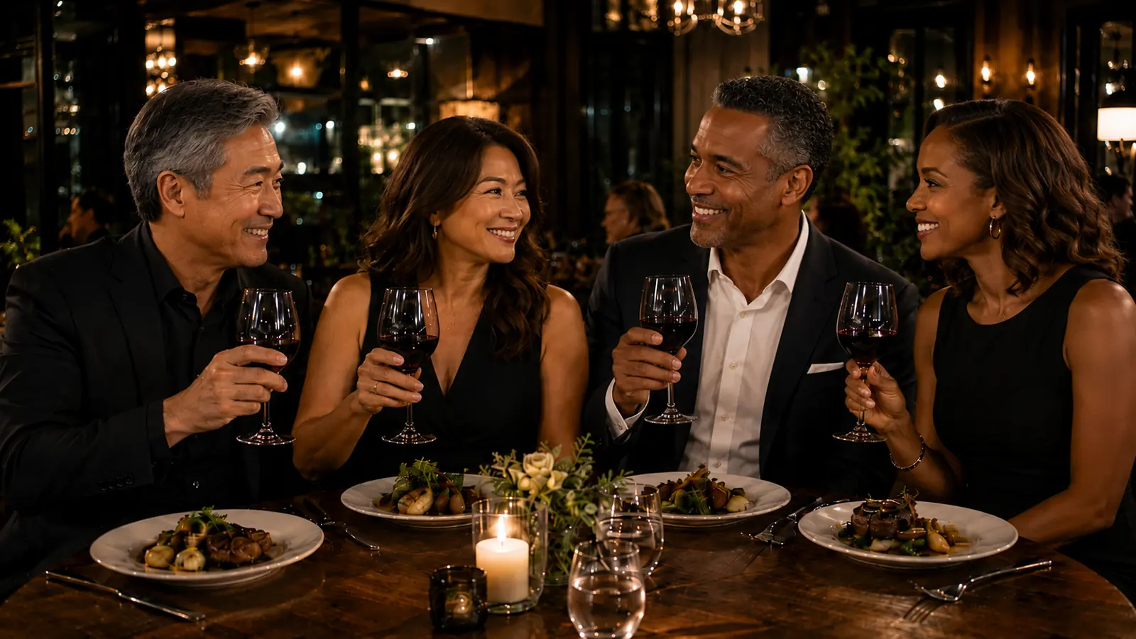 Asian couple and black couple enjoying dinner and wine before a private driver takes them home.