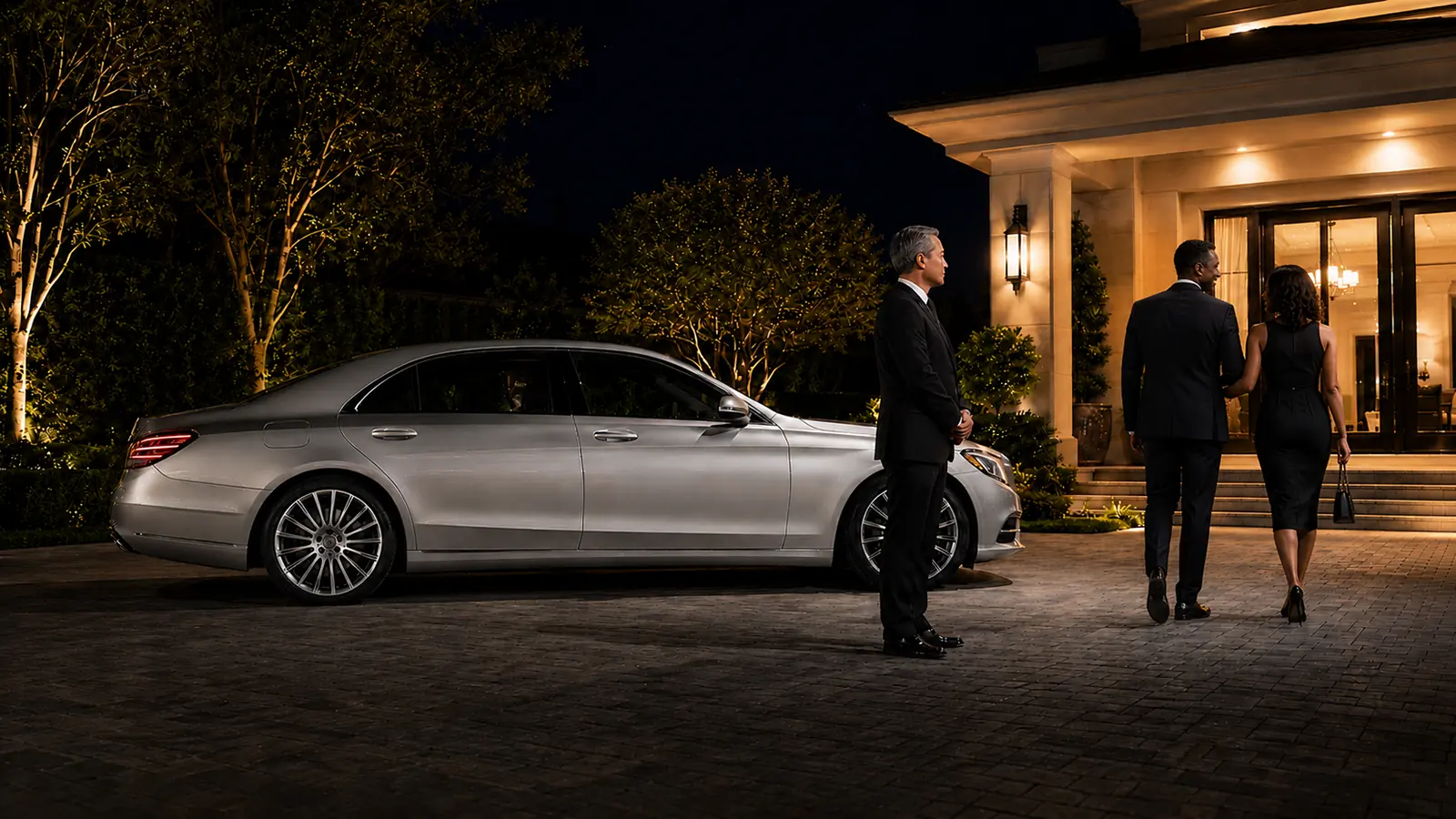 Private driver waiting beside a silver sedan while clients return to their home.