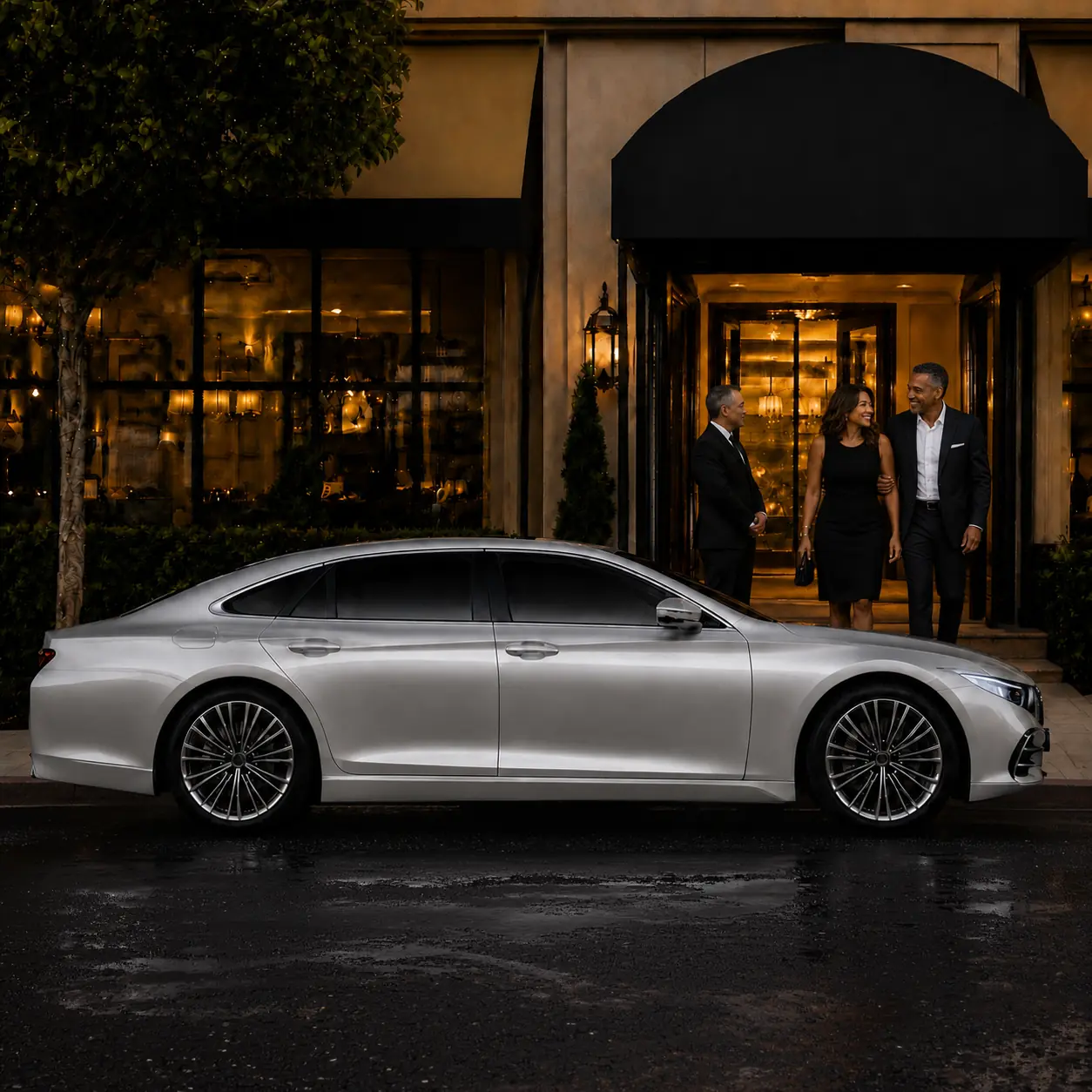 Private driver waiting beside a client's silver sedan outside a restaurant at night.