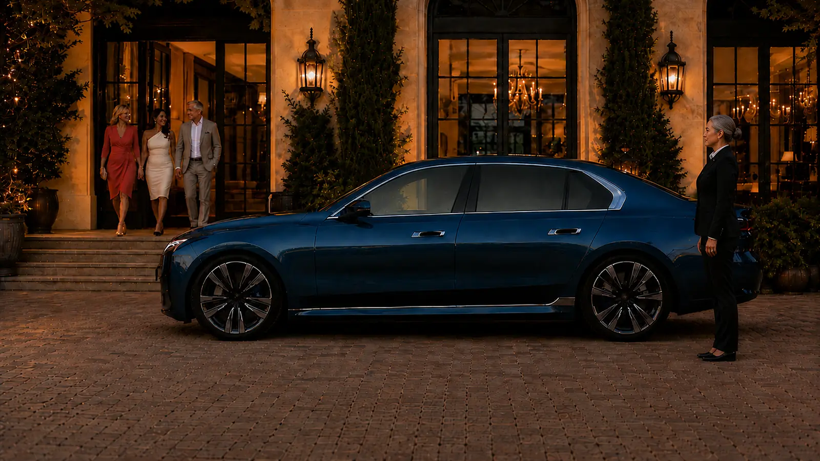Private driver waiting beside a blue sedan as guests leave the restaurant.
