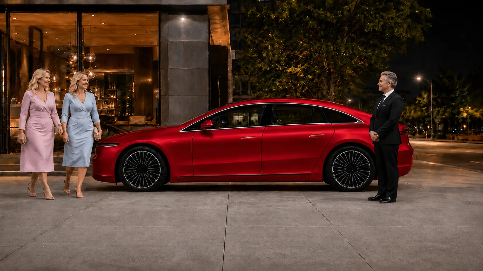 Private driver waiting beside a red sedan for two women as they leave the restaurant.