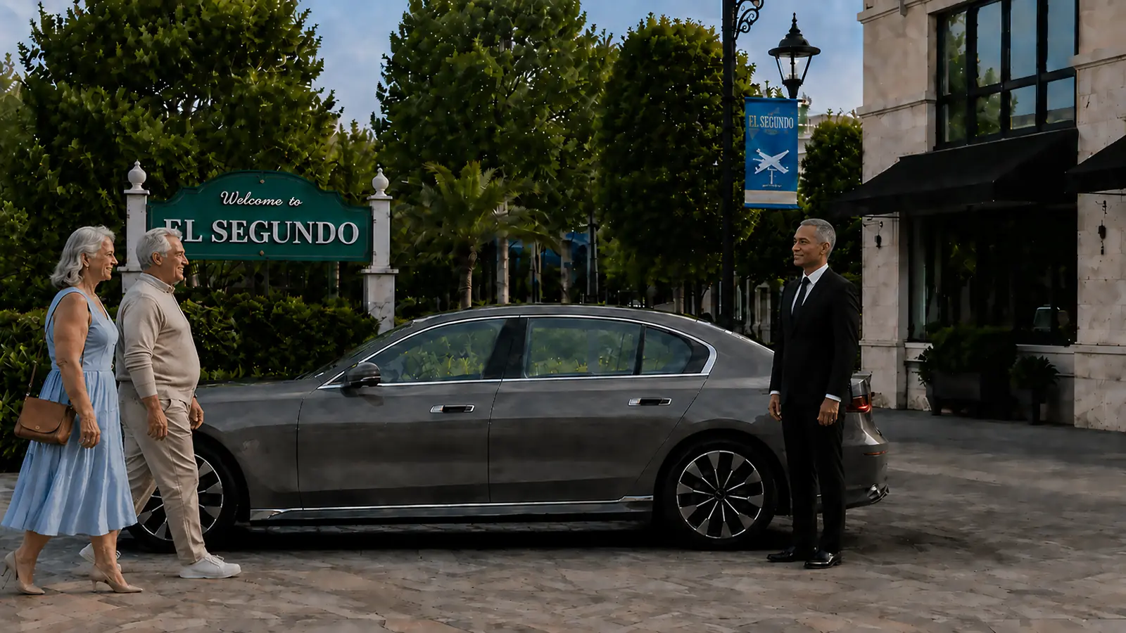 Private driver welcoming an older couple beside a dark gray sedan near the El Segundo welcome sign.