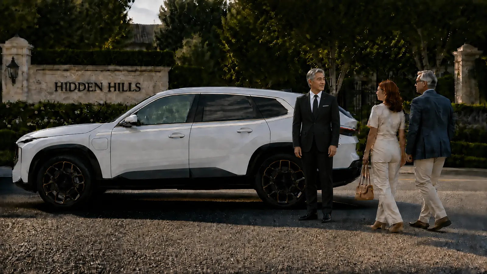 Private driver greeting a couple beside a white SUV at the Hidden Hills entrance.
