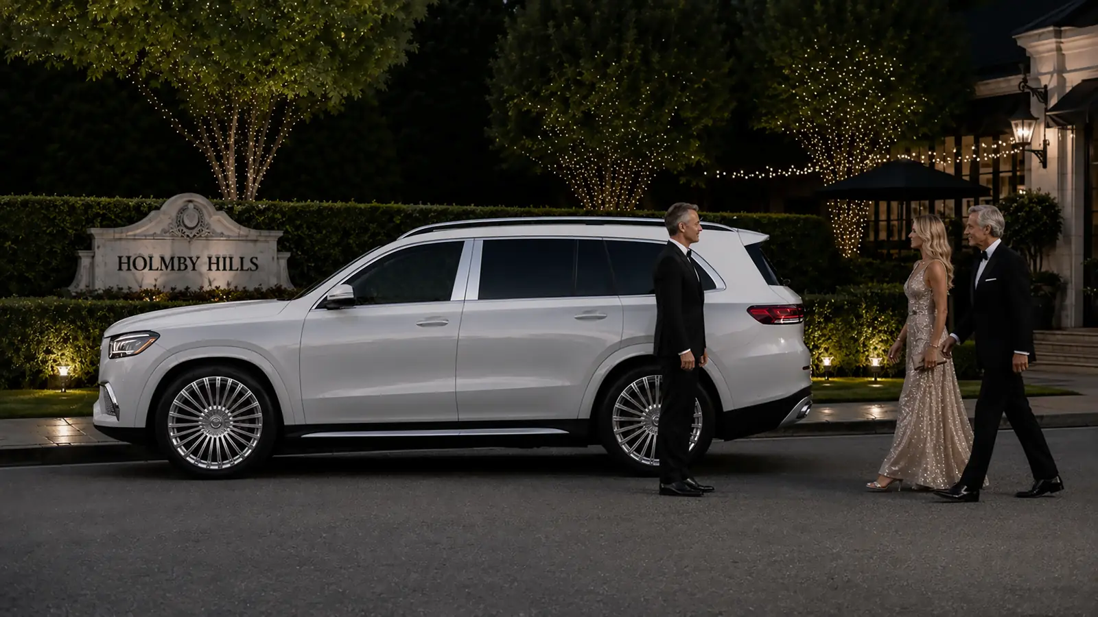 Private driver greeting formally dressed guests beside a white SUV in Holmby Hills at night.