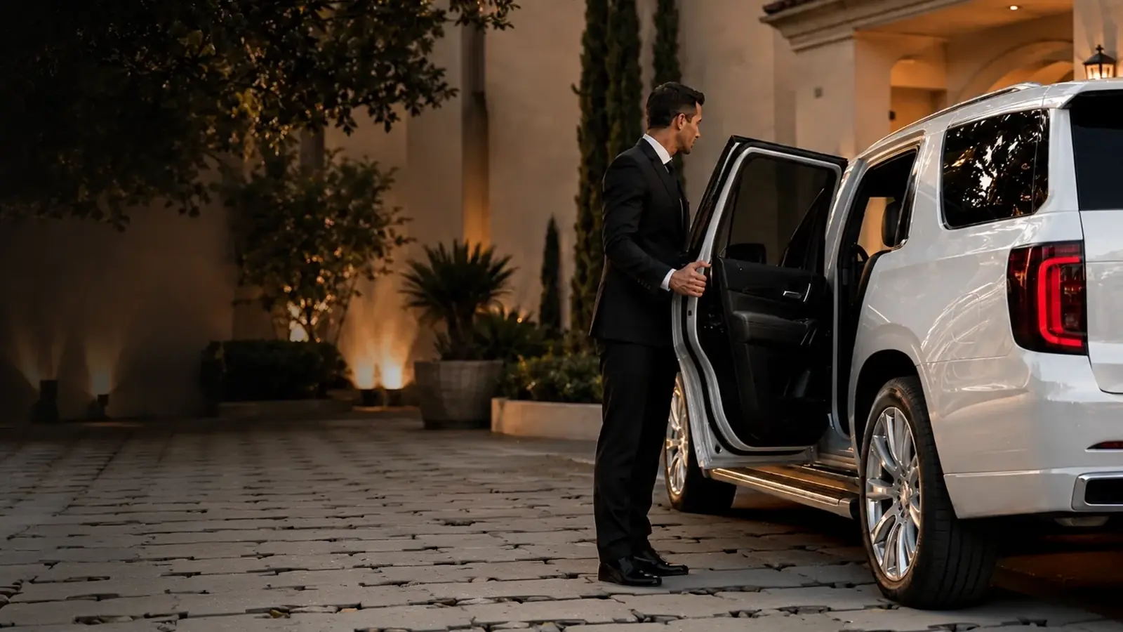 Private driver holding open the rear door of a white SUV at a residential estate.