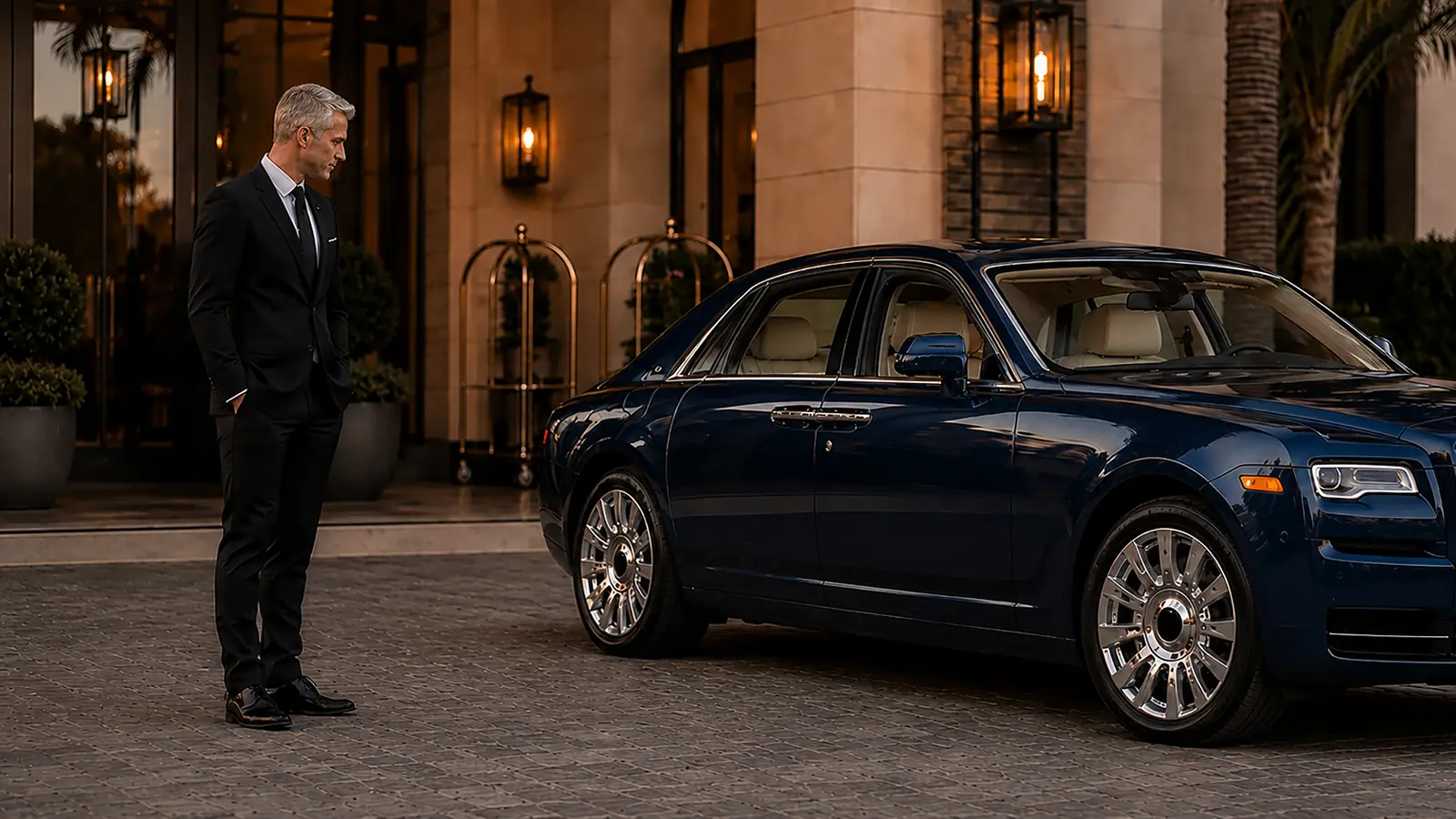 Private driver standing beside a client's blue luxury sedan at an upscale residence.