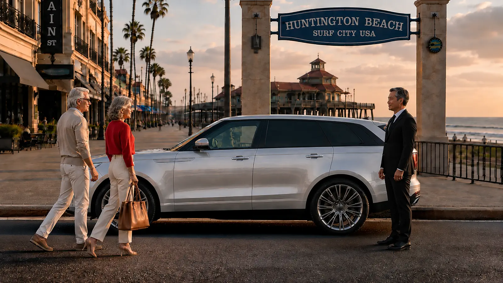 Private driver greeting a couple beside a silver SUV at the Huntington Beach pier.