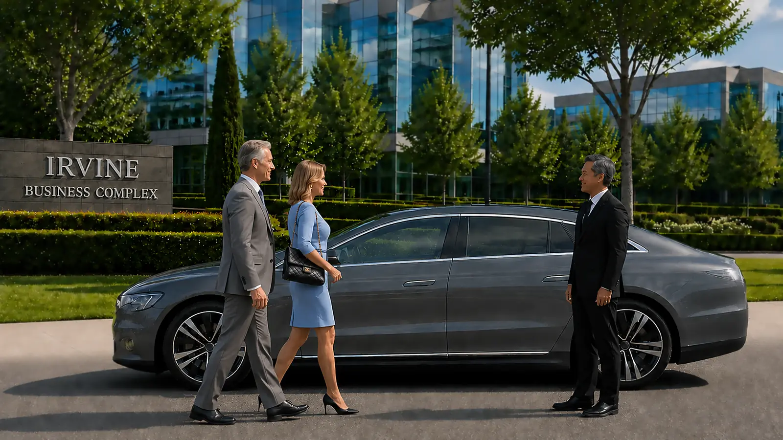 Private driver welcoming business clients beside a gray sedan at an Irvine office complex.