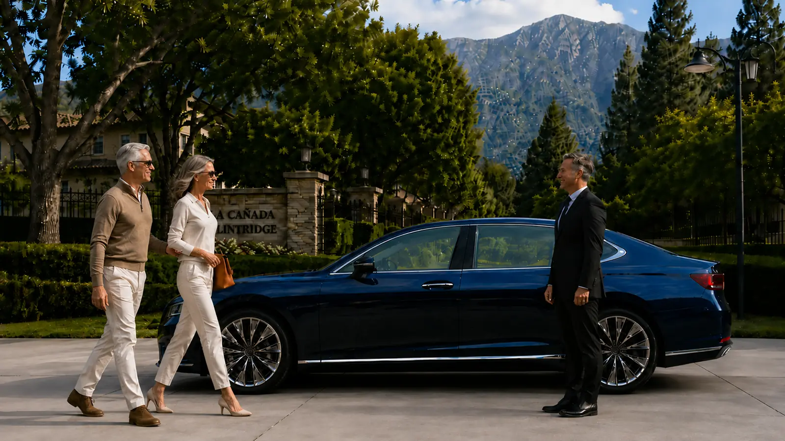 Private driver welcoming a couple beside a blue sedan near the La Cañada Flintridge sign.