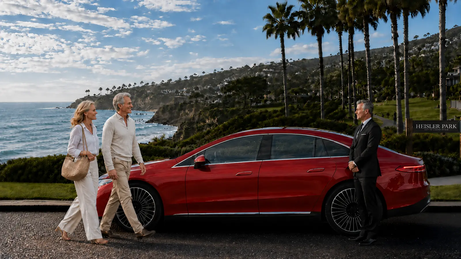 Private driver greeting a couple beside a red sedan at Heisler Park in Laguna Beach.