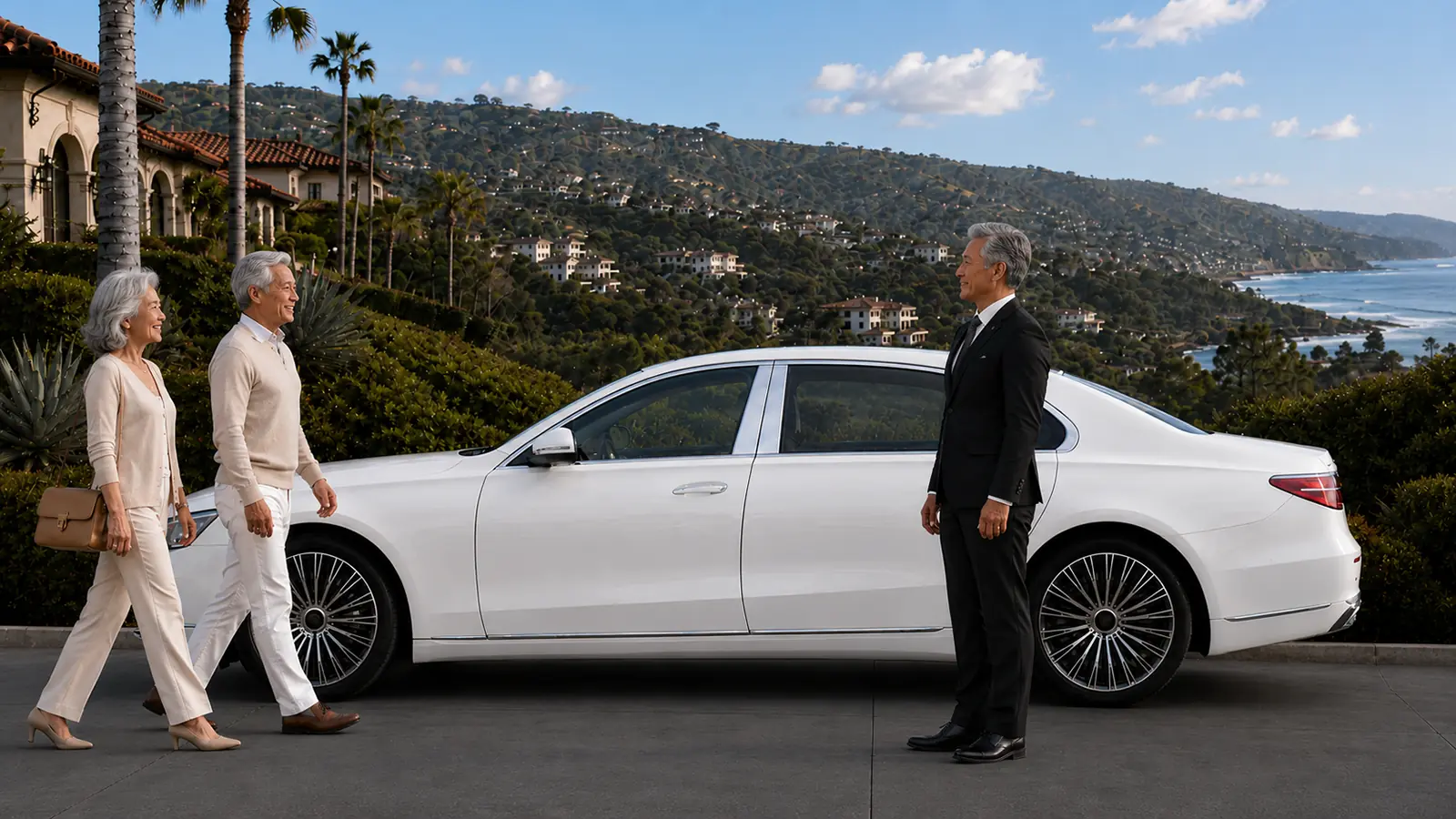 Private driver greeting a couple beside a white sedan overlooking the hills of Laguna Niguel.