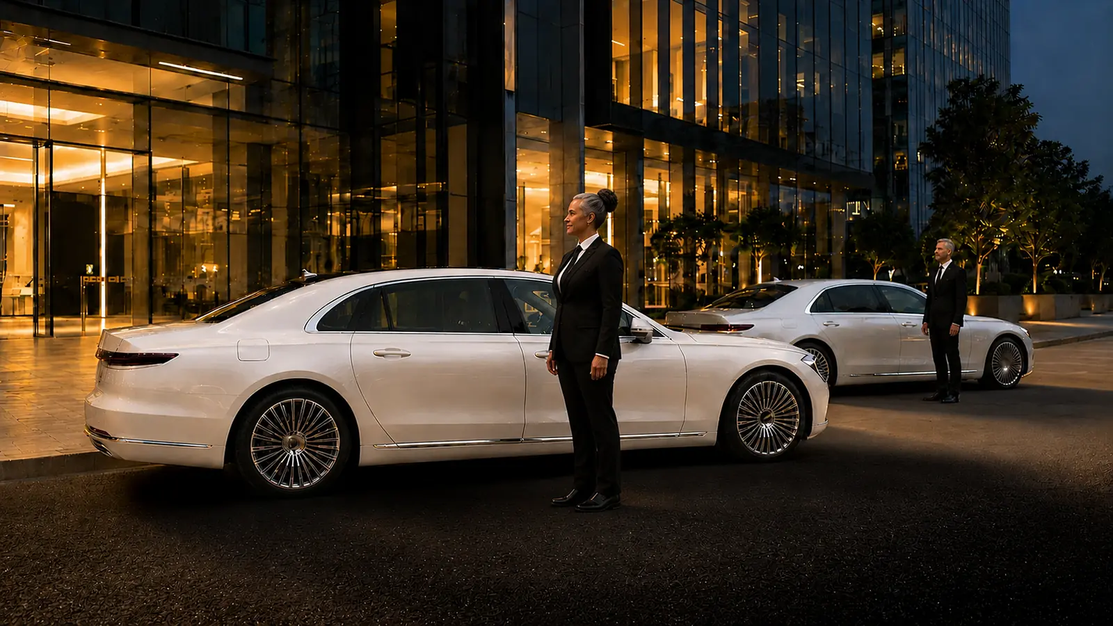 Two private drivers staged with luxury sedans outside a corporate event venue.