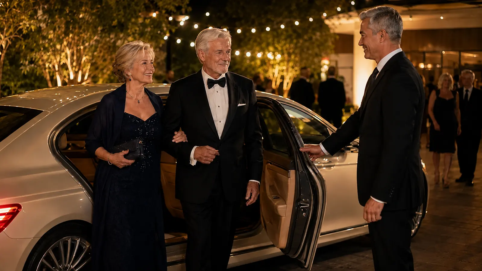 Private driver welcoming an elegantly dressed couple from their gold sedan at a gala.