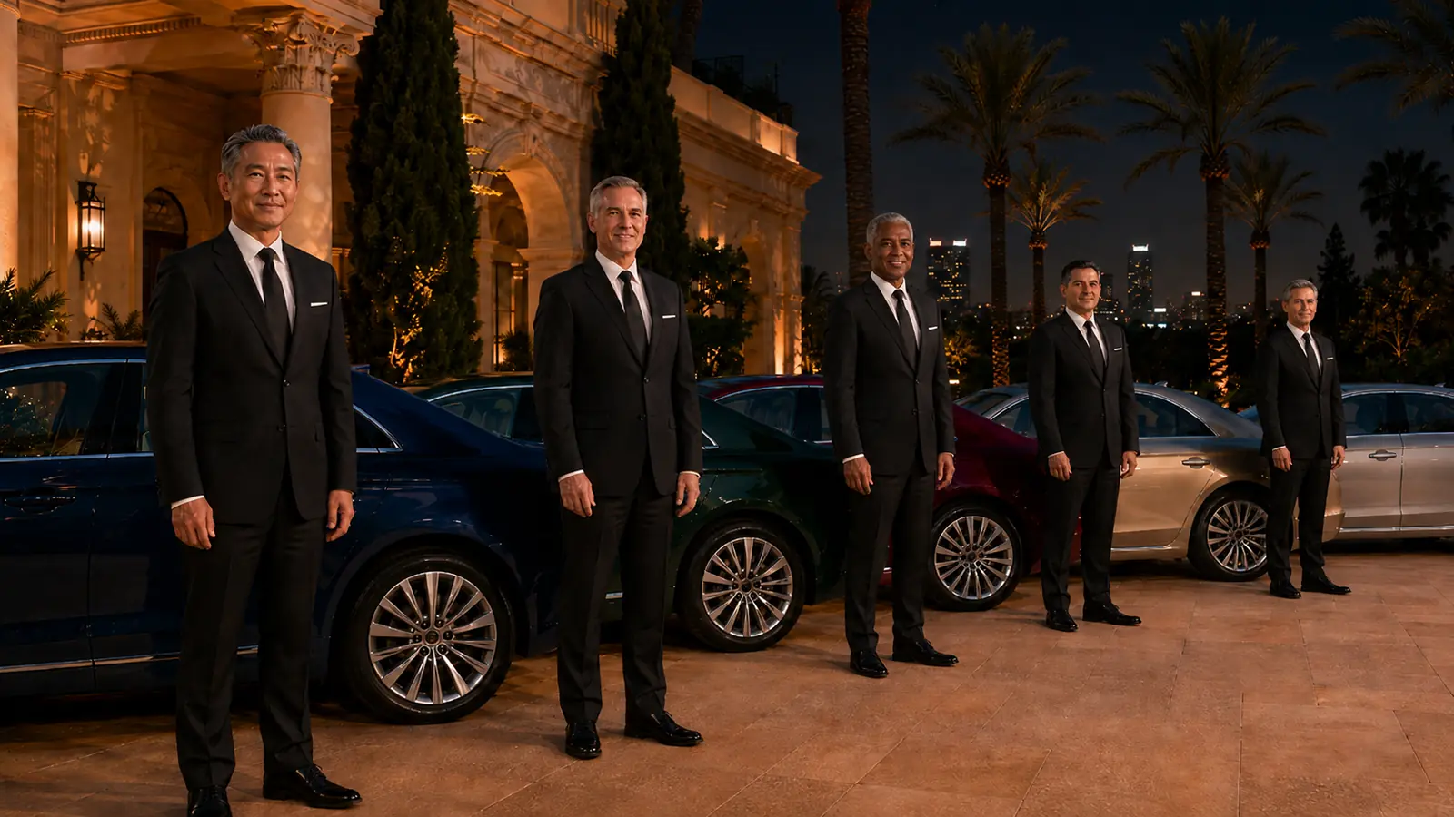 Team of private drivers standing beside customer cars for a large evening event.