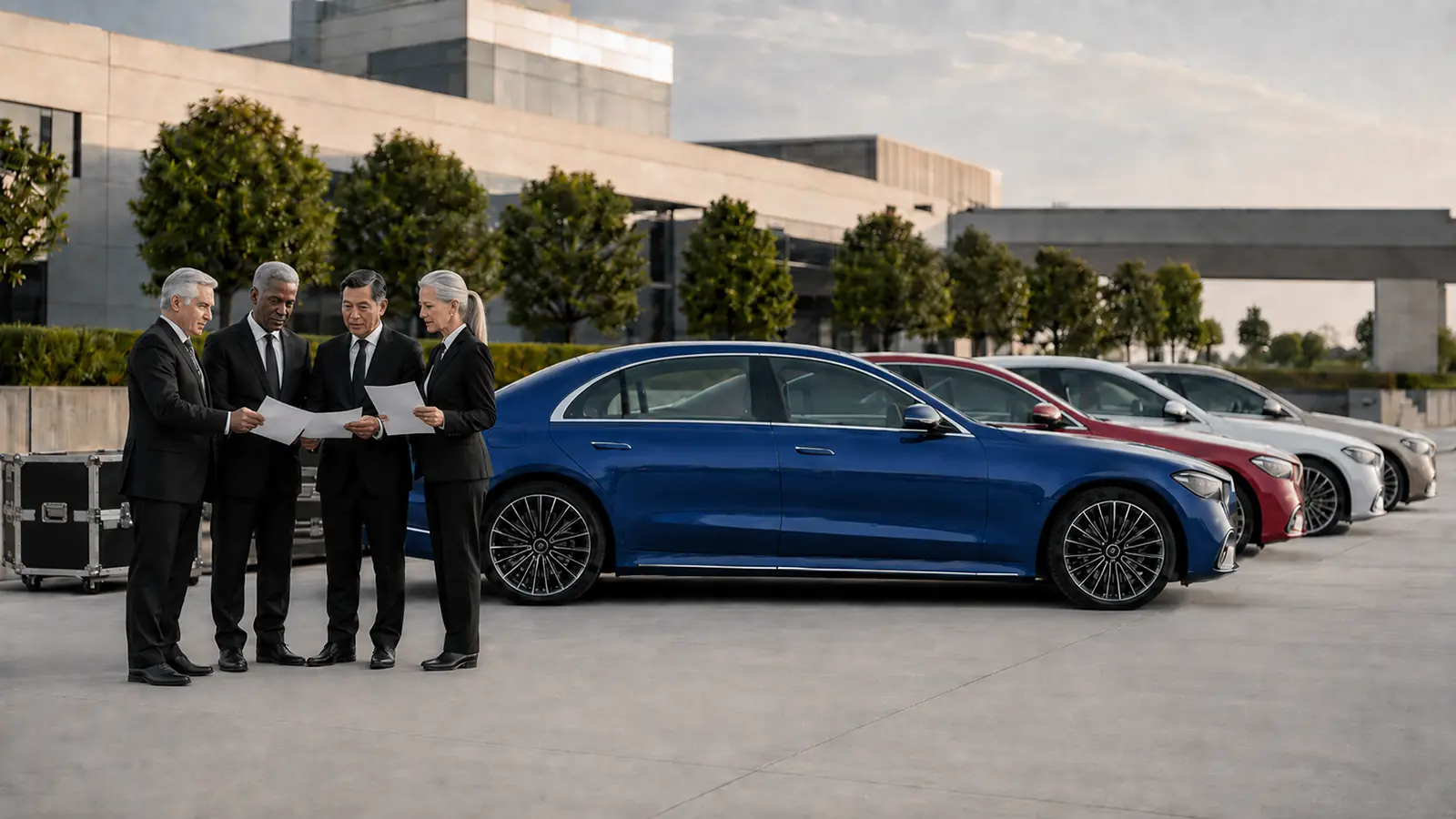 Private drivers reviewing an event plan beside a row of client luxury sedans.