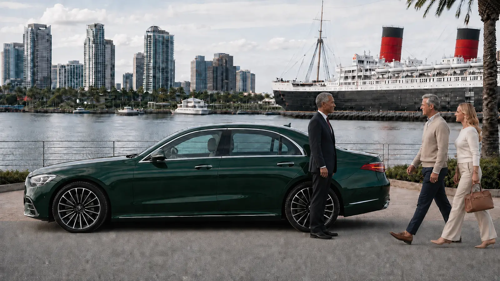 Private driver greeting a couple beside a green sedan on the Long Beach waterfront.