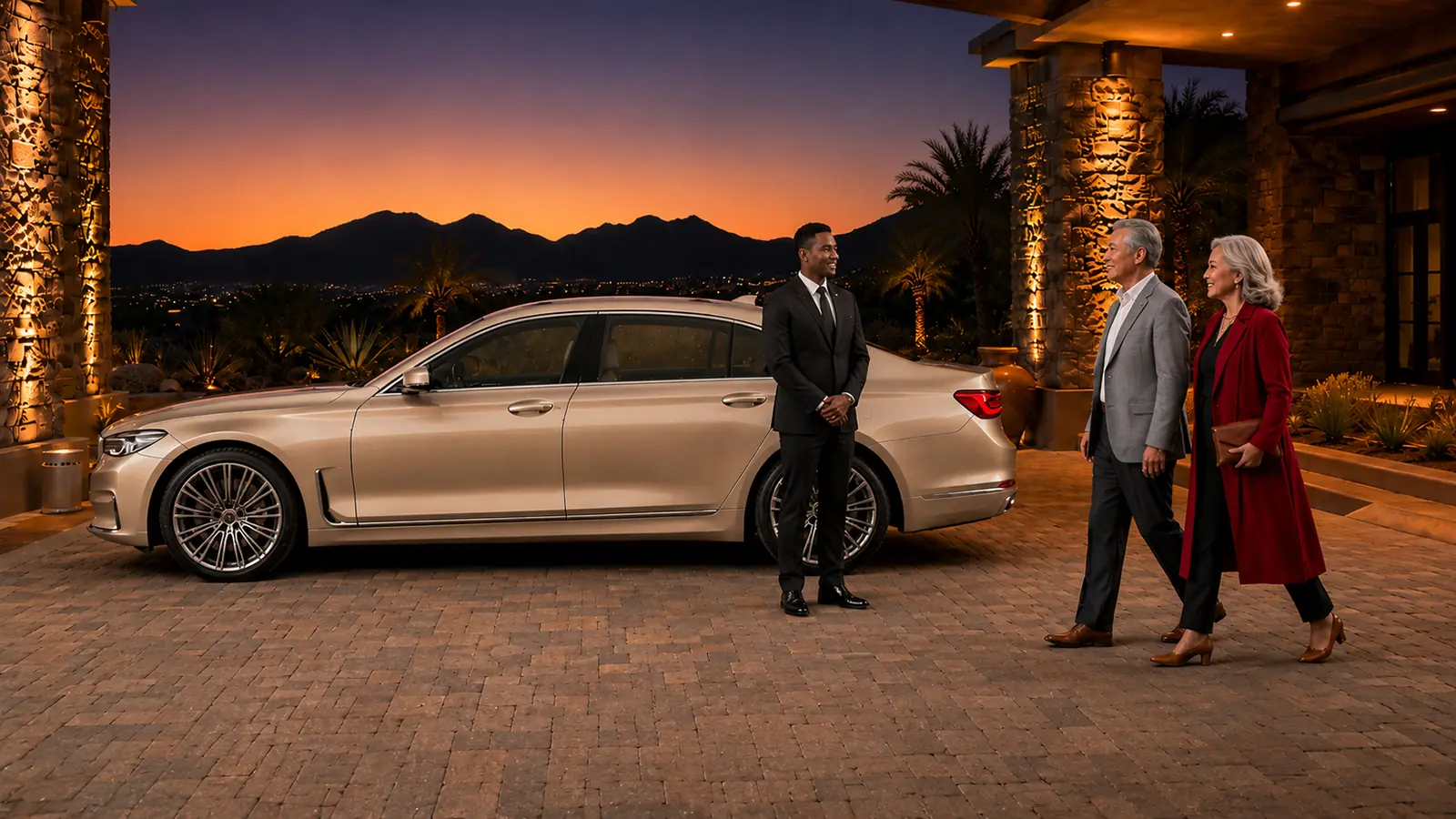 Private driver welcoming a couple beside their gold sedan at a desert resort near Las Vegas.