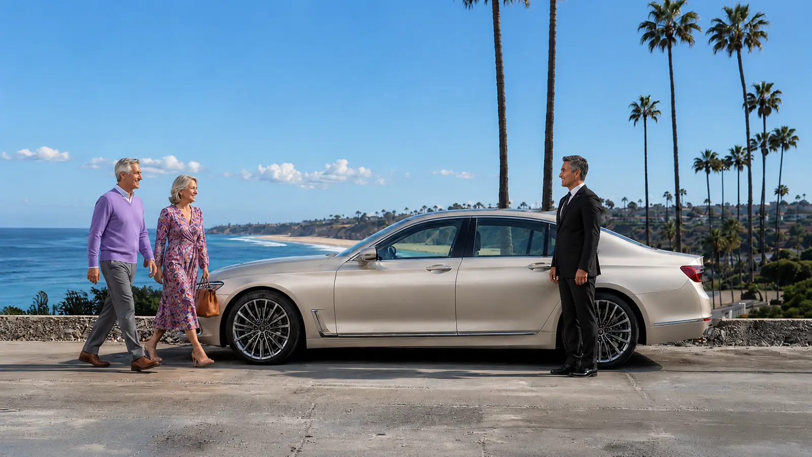 Private driver greeting a couple beside their luxury sedan at a San Diego coastal overlook.