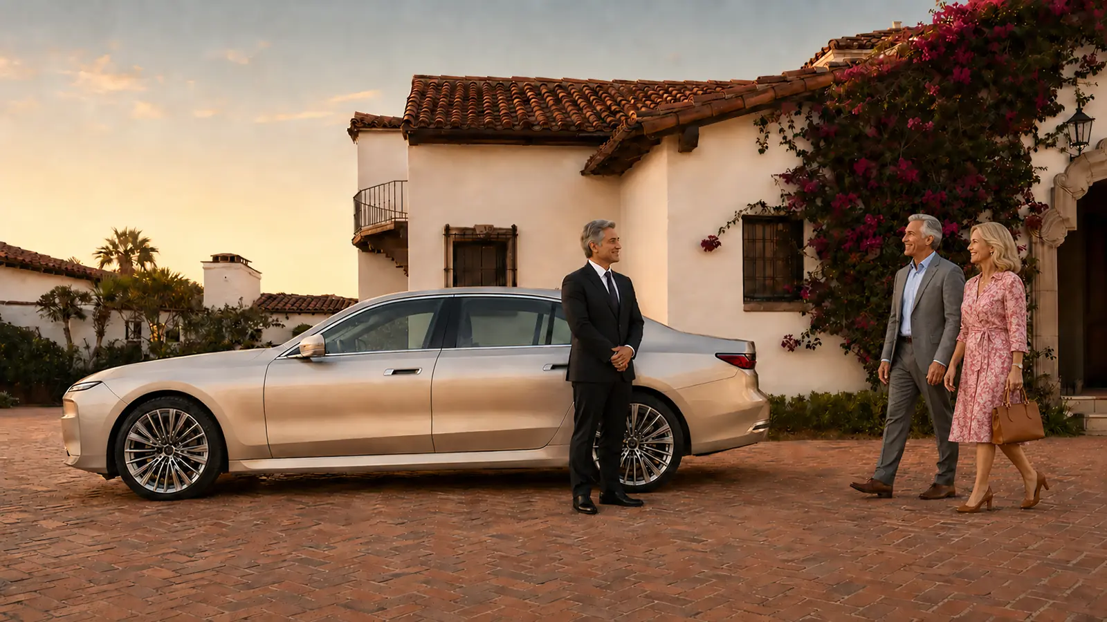 Private driver welcoming a couple beside their sedan outside a Spanish-style Santa Barbara home.