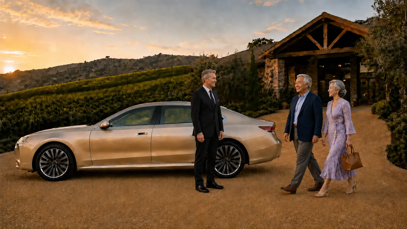 Private driver greeting an older couple beside their gold sedan at a Temecula winery.